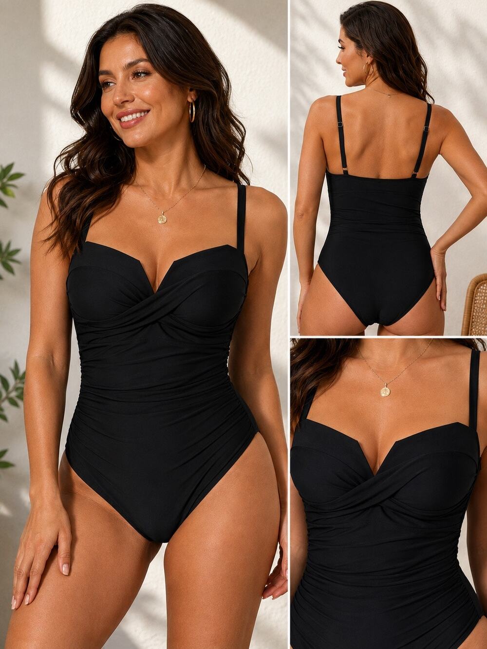 Eomenie Black Ruched One Piece Swimsuit Tummy Control Sweetheart Neck Medium NWT
